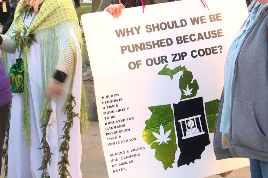 Image from a protest in 2020. Ohio voters chose this month to legalize marijuana in their state, but there's no referendum mechanism in Indiana.