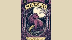 Cover of "Raised" by Eva Adderley; pink and black woodblock-esque image of a bear in the woods in front of a full moon
