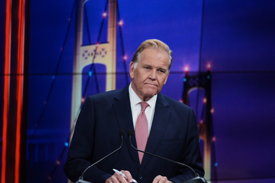 Republican nominee for U.S. Senate Mike Rogers, talks during a televised debate with Democratic nominee for U.S. Senate Abdul El-Sayed at WOOD-TV, on Thursday, Oct. 8, 2026, in Grand Rapids, Mich. (AP Photo/Paul Sancya, Pool)