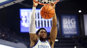 Kentucky's Mouhamed Dioubate dunks during the first half of an NCAA college basketball game against Eastern Illinois in Lexington, Ky., Friday, Nov. 14, 2025. (AP Photo/James Crisp)