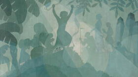 Painting depicts Harriet Tubman breaking shackles. 