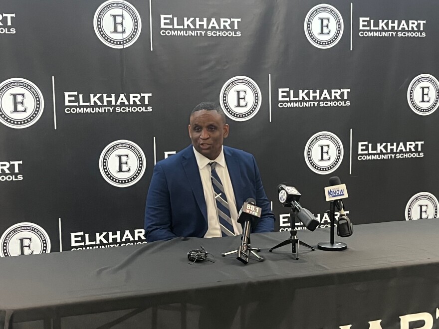 Elkhart Community Schools Superintendent Larry Huff takes questions from reporters Wednesday about his decision to leave for the Rockford (Ill.) Public Schools superintendent position.