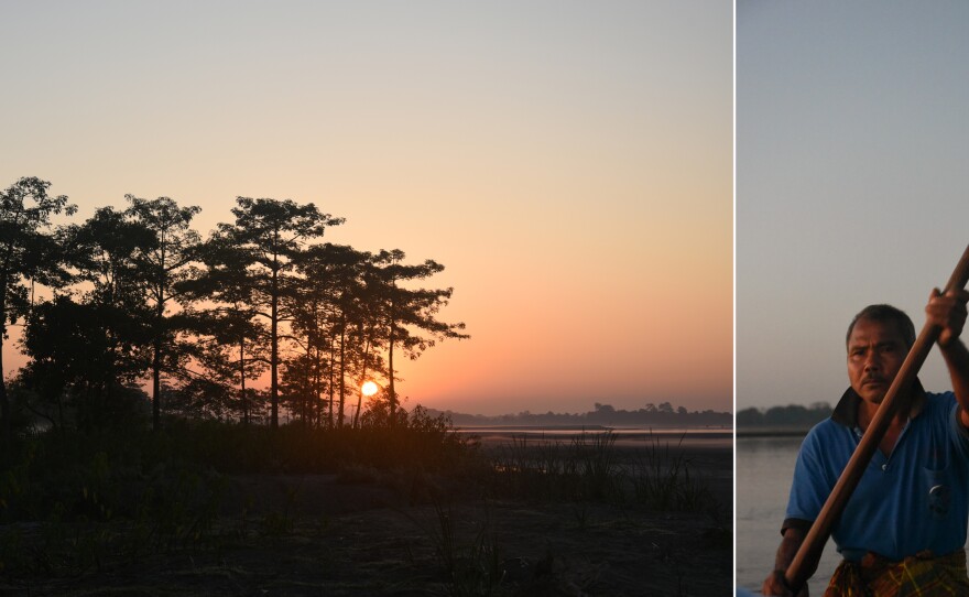Left: The sun rises over the Brahmaputra river, which hosts innumerable tiny islands within its ever-shifting riverbanks, a feature hydrologists call "braiding." Right: Jadav Payeng rowing his boat across a channel of the Brahmaputra, past sandbars and rare Gangetic dolphins, to reach the forest that bears his nickname, Molai.