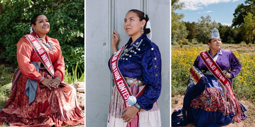 Miss Navajo Nation contestants (from left) Kayla Martinez, 23, of Window Rock, Ariz.; Summer Jake, 25, of Goat Springs, Ariz.; and Autumn Montoya, 21, of Torreon, N.M.