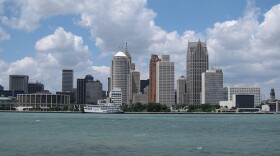 Detroit skyline seen from Windsor, Ontario, across the Detroit River.