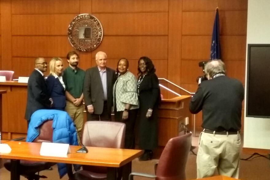 Experts at the lead forum, left to right: NAACP's Garry Holland, University of Notre Dame's Heidi Beidinger, IUPUI's John Shukle, Sen. Rick Niemeyer (R-Lowell), Rep. Carolyn Jackson (D-Hammond), and moderator Eunice Trotter.
