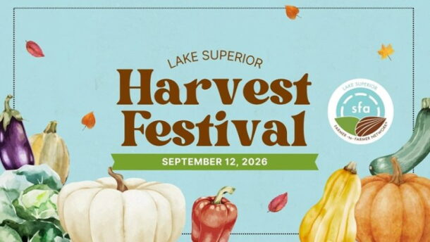Poster for Lake Superior Harvest Festival; light blue background with painted images of produce around the bottom and sides