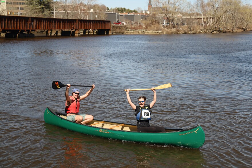 Alexander Introne (left) and Sarah Dellaratta after finishing the Kenduskeag Stream Canoe Race in Bangor on April 18.