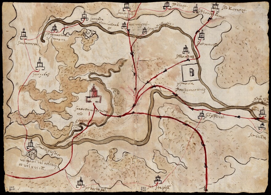 This 1579 watercolor and ink map of Gueguetlan has notations the provide guidance about a town being "in a very low area" or being a "dangerous place." The inscriptions are in an indigenous language that Europeans wouldn't understand. Granados asks: "Who were these inscriptions written for if they knew that no one but themselves would make sense of them?"