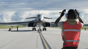 A U.S. Air Force B-1B Lancer arrives at Andersen Air Force Base, Guam on July 26, 2017.