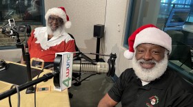 Joe Griffin, aka Santa Joe and Warren Keyes, aka Santa Warren in studio, discussing their work with 'Santas Just Like Me'