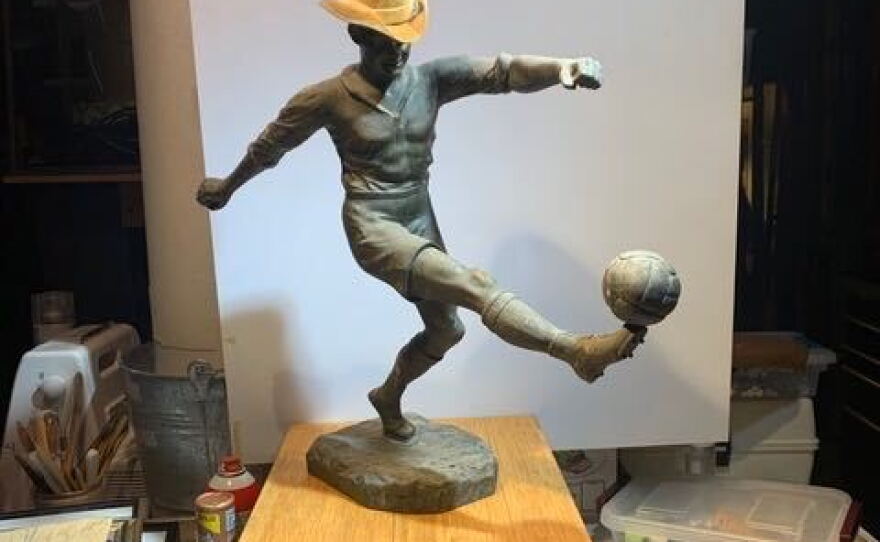 FIFA drew Leathers out of retirement. "I was asked to create a Cowboy hat for this awesome bronze sculpture of a soccer player so he fit in with FIFA in Texas. It was a great tongue-in-cheek project!"