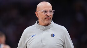 Dallas Mavericks head coach Jason Kidd is seen in the first half of an NBA basketball game, March 25, 2026, in Denver. 