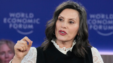 FILE - Michigan Gov. Gretchen Whitmer speaks during the Annual Meeting of the World Economic Forum in Davos, Switzerland, Jan. 21, 2026.