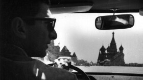 Marvin Kalb driving near St. Basil's Cathedral in Moscow's Red Square.