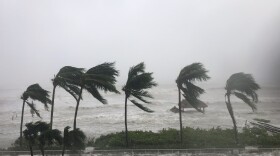 As Hurricane Ian picks up, pool chairs and tiki huts at Pink Shell Resort & Marina on Fort Myers Beach are swept away. (John Betts)