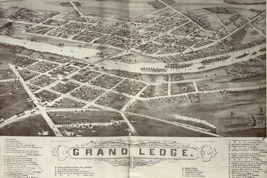 A black-and-white sketch of the village of Grand Ledge