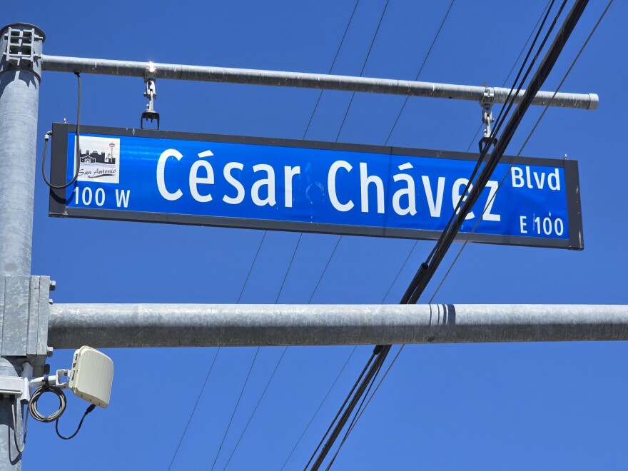 Cesar Chavez Blvd sign at Flores Street downtown SA