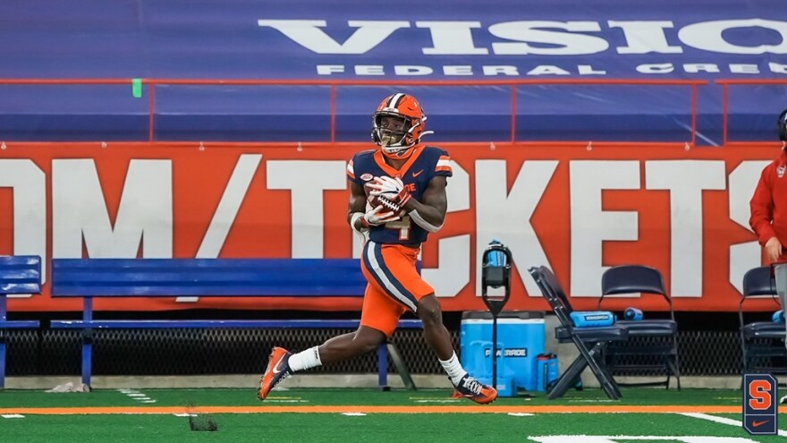 Nykeim Johnson hauls in a pass that leads to a 60-yard catch and run versus NC St last week. With that touchdown, the senior ties his previous season-high of four scores.