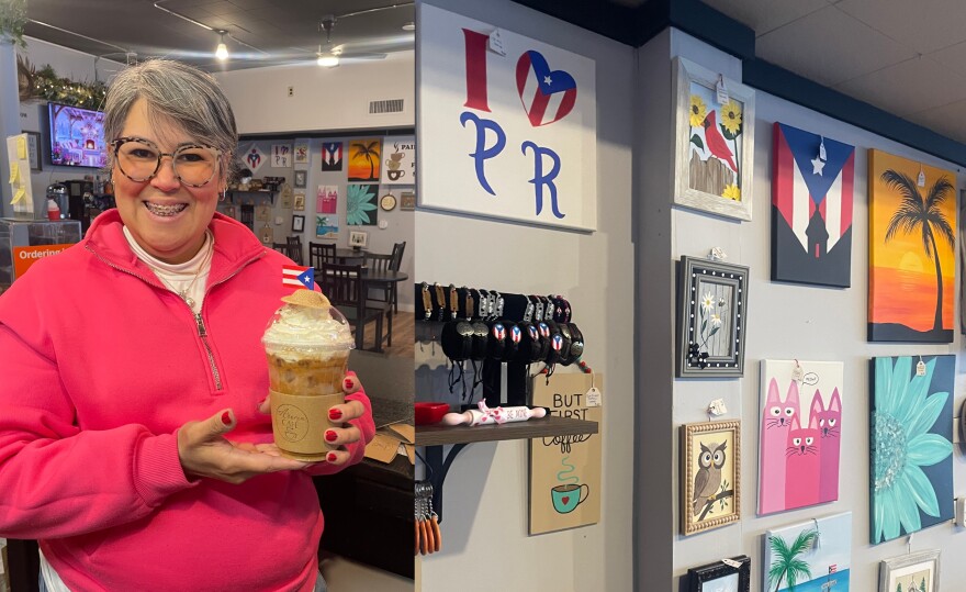 Luzann Torres holds a Bad Bunny-inspired latte at her coffee shop Aroma Café in West Allis. The Puerto Rican artist will perform on Feb. 8 during the 2026 Super Bowl halftime show.