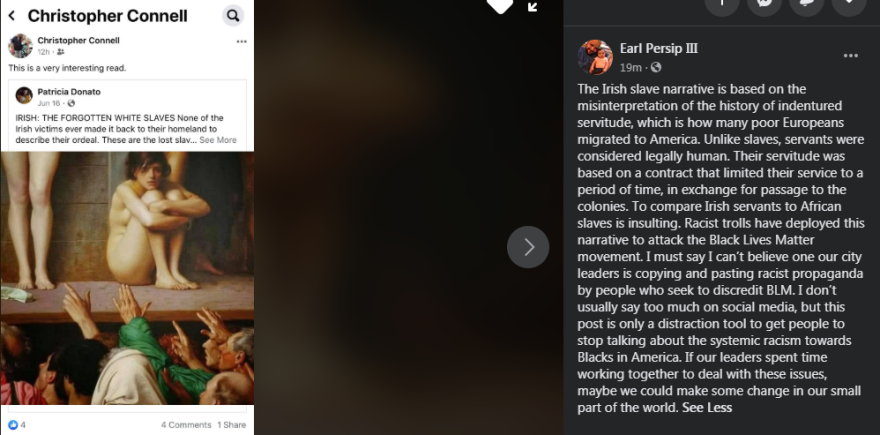 A screenshot of Pittsfield, MA City Councilor Earl Persip's response to fellow councilor Christopher Connell's post of an article about the false narrative of Irish slavery.