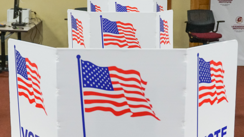 Voting booths stand ready to be used for the third day of early voting on Monday, July 29, 2024, at Central Michigan University's Powers Hall, in Mount Pleasant, Mich.