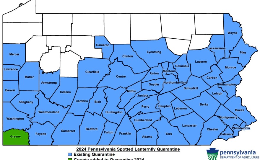 Pennsylvania Department of Agriculture Spotted Lanternfly Quarantine map.