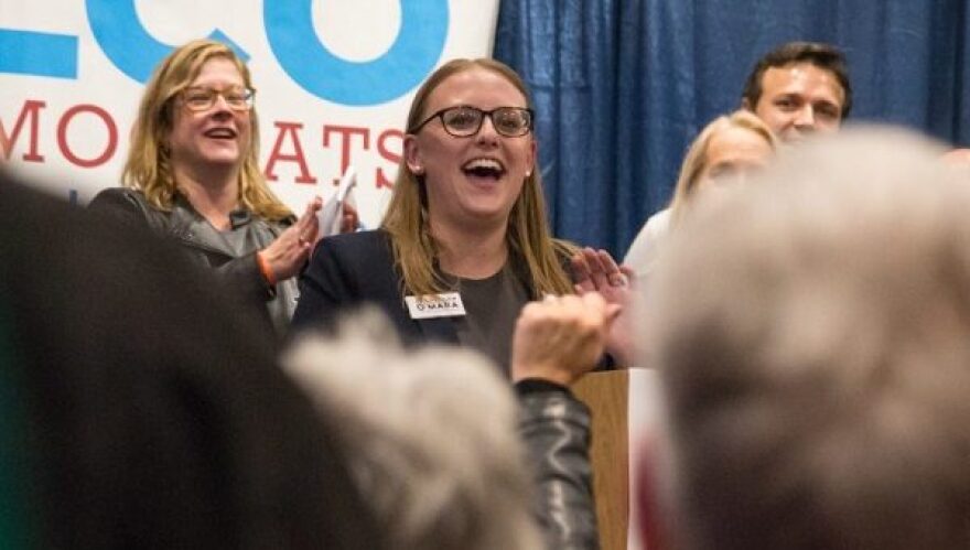 Democrat Jennifer O'Mara is met with joyous celebration after winning a State House race Philadelphia's suburbs. (Emily Cohen for WHYY)
