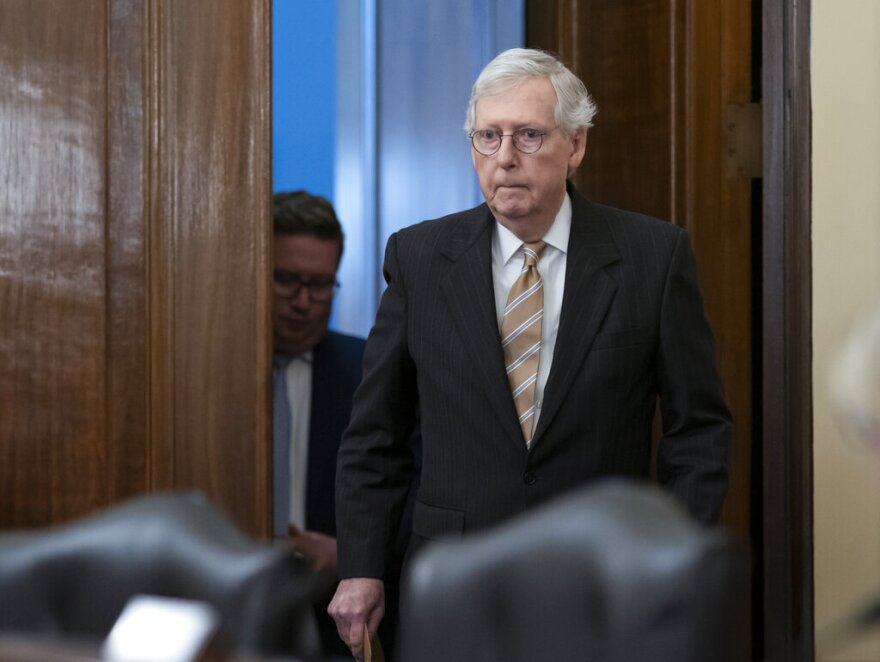 Senate Minority Leader Mitch McConnell, R-Ky., attends a Senate Rules and Administration Committee meeting on the Electoral Count Reform and Presidential Transition Improvement Act, at the Capitol in Washington, Tuesday, Sept. 27, 2022. The bill is a response to the Jan. 6 insurrection and former President Donald Trump's efforts to find a way around the Electoral Count Act, the 19th-century law that, along with the Constitution, governs how states and Congress certify electors and declare presidential election winners. (AP Photo/J. Scott Applewhite)
