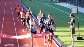 Donavan Brazier breaks the tape in an 800 meter tune-up race in Portland on May 29, ahead of the U.S. Olympic Track and Field Team Trials, which begin later this week.