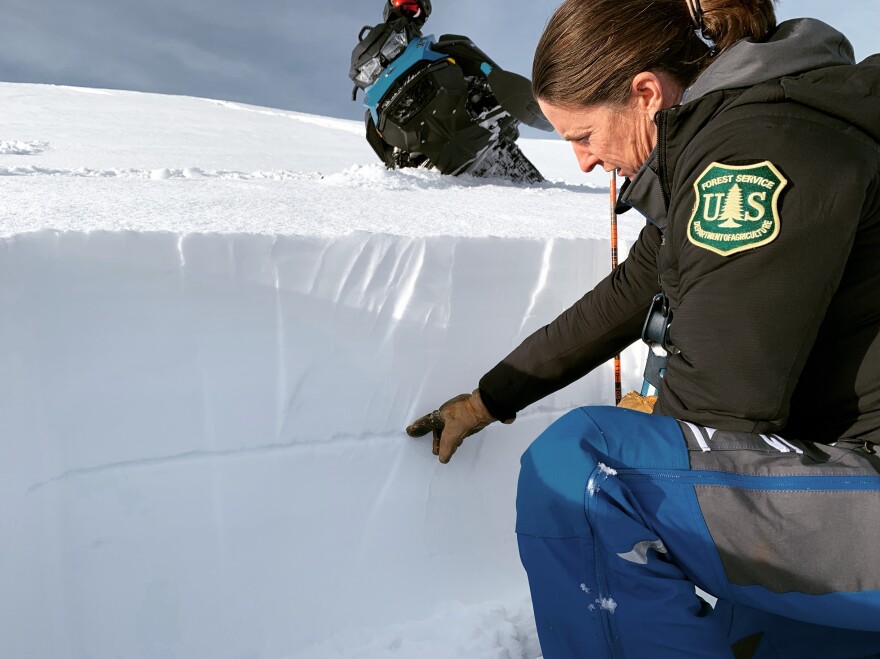 A woman in snow gear and jacket with a U.S. Forest Service emblem crouches in a snow pit, pointing at a layer of snow.