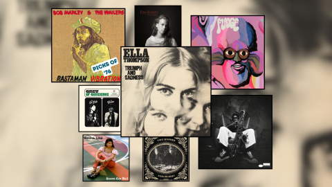 Artwork for four albums and four singles displayed in black square frames.