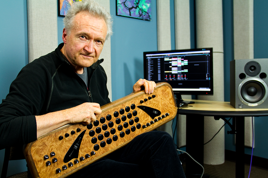 KPLU music director, Nick Francis, poses with "The Choppertone," a self-built MIDI controller which allows him to remix and mashup jazz tunes in real-time.