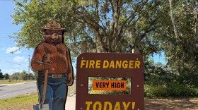 A wooden sign of a bear standing next to a sign that says "Fire Danger Very High Today"