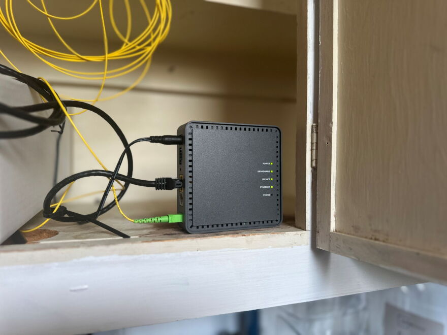 An internet modem is set in a cabinet in Antlers, Oklahoma in the southeastern part of the state.