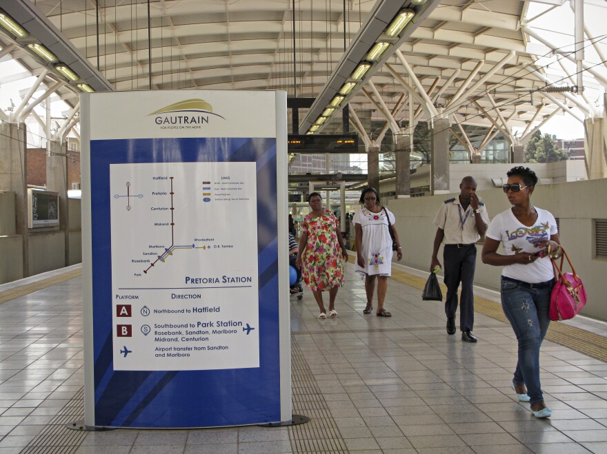 Despite some people's grumbling about ticket prices, the Gautrain is operating at full capacity during peak hours. Passengers praise the cleanliness of the trains as well as the speed. Here is the Gautrain station in Pretoria, South Africa's capital.