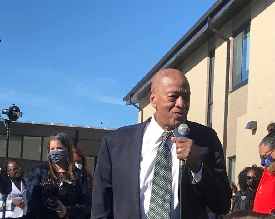 Civil rights activist Robert L. Green speaks on Friday, Sept. 24, 2021 outside an East Lansing elementary school which was recently renamed from Pinecrest Elementary in his honor.