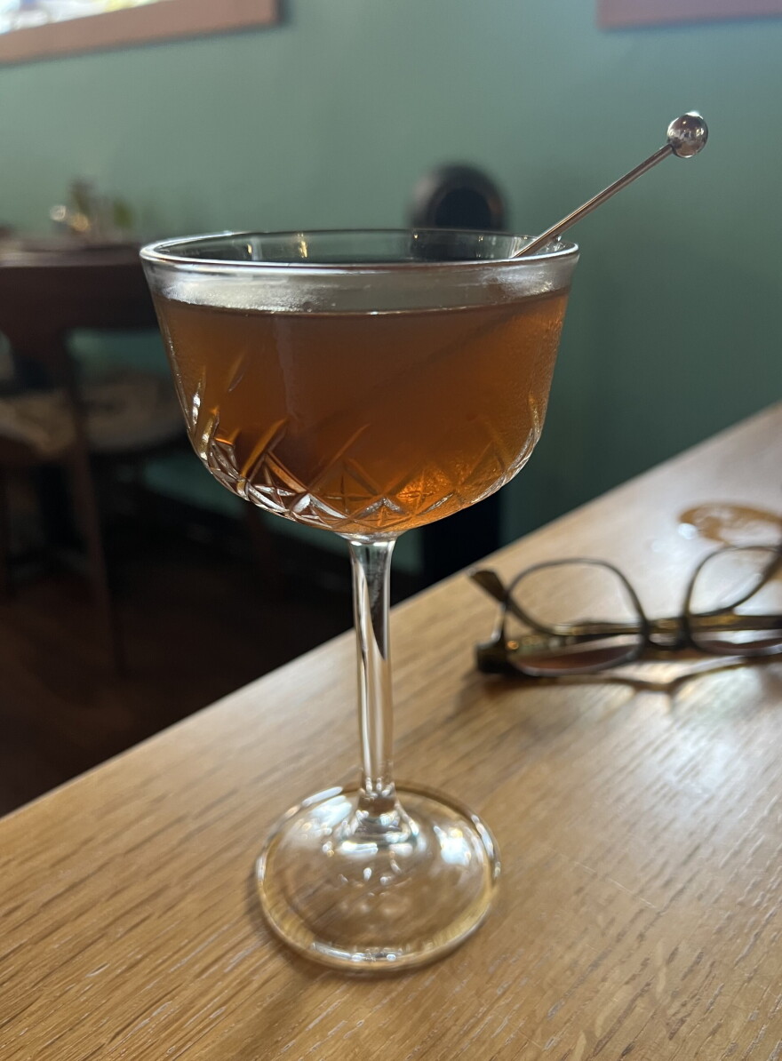 Above the Terracotta is Purslane's house Manhattan, made with rye whiskey, fenugreek, caraway, coffee and pecan barrel-aged bitters.