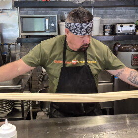 Preparing the bulk noodle dough - just flour, water and salt