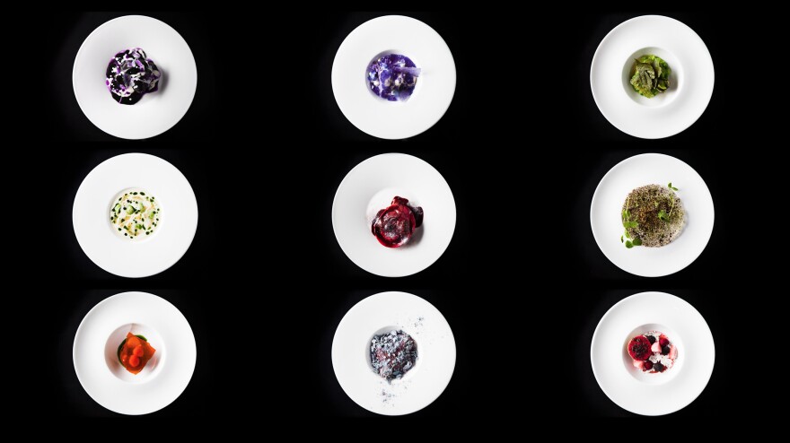 Thornton's menu for <em>Wolvesmouth: Taxa</em> featured nine elaborate dishes. A typical dish might be a mélange of grilled rib-eye, creamed kimchi, beef tongue, Asian pear and crispy shallot arrayed under a surprisingly purple, squid-ink dumpling skin.