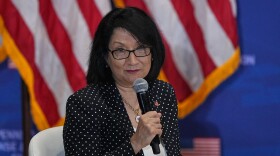 Neeli Bendapudi, president of Penn State University, speaks before President Donald Trump arrives at the United States Army War College in Carlisle, Pa., during the Pennsylvania Defense and Innovation Summit, Wednesday, July 15, 2026. 