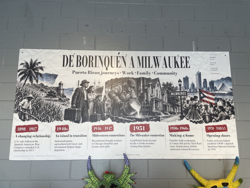 An installation at the Puerto Rican Festival of Wisconsin details the history of Puerto Ricans moving to the state.