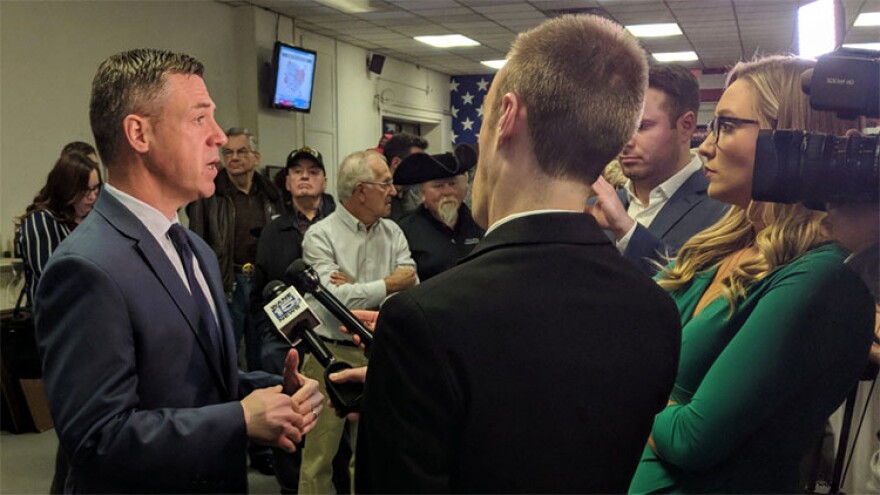 Rep. Jim Banks talks with the media on election night.