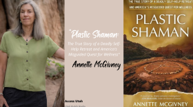 A graphic includes a picture of a woman with grey hair. She wears a green blouse and poses outside. On the other side of the graphic is the cover of "Plastic Shaman" by Annette McGivney. 
