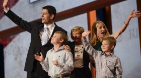 Republican vice presidential nominee Paul Ryan and his wife, Janna (at right), along with two of their children and his mother, Betty, on stage Wednesday in Tampa.