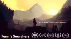 Image of cartoon man standing in mountains on poster from documentary 'Fenn's Searchers'