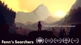 Image of cartoon man standing in mountains on poster from documentary 'Fenn's Searchers'