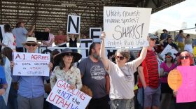 Community members protest ahead of a special Box Elder County Commission meeting to discuss the Stratos project, a massive data center proposed for an unincorporated area in Box Elder County on May 4, 2026.