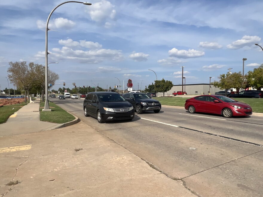 Cars travel southbound on North Lincoln Boulevard, east of Interstate 235.