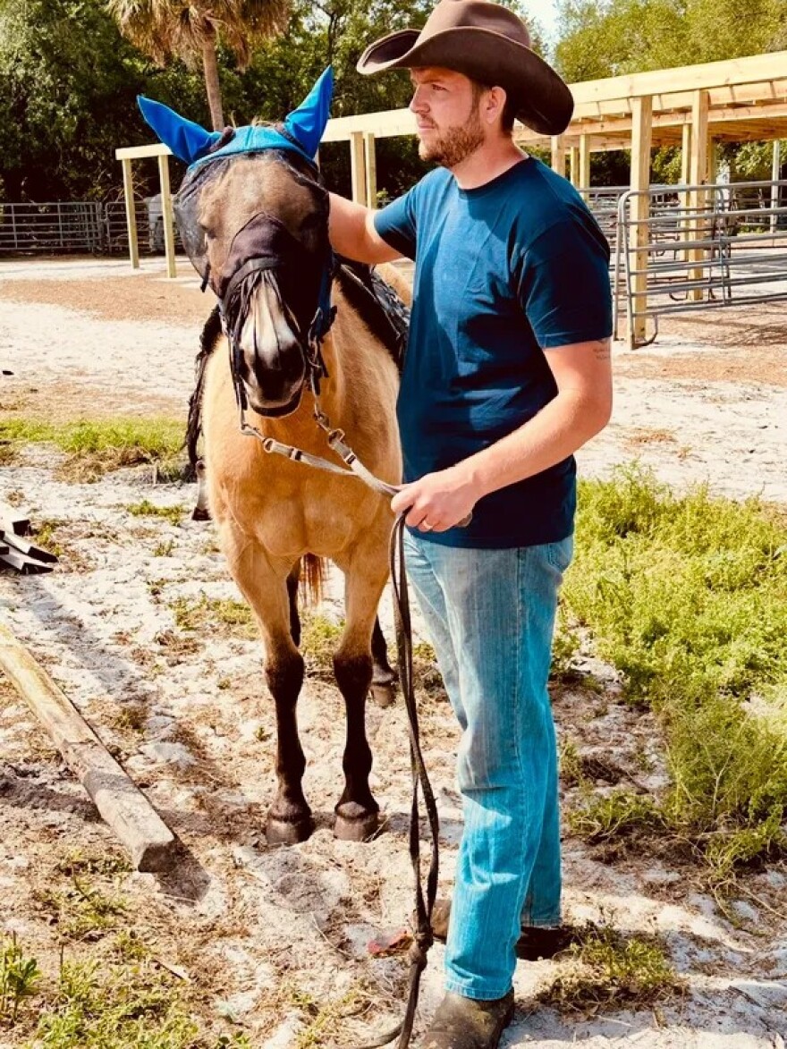 Man in cowboy hat stands next to horse 